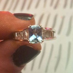 Aquamarine with Baguette Crystals Sterling Silver 925 Ring Size 9